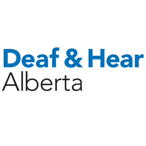 Deaf & Hear written in blue with Alberta in black letters.  The colour logo of Deaf and hear Alberta, a non-profit organization with a social enterprise online store of assistive equipment. 