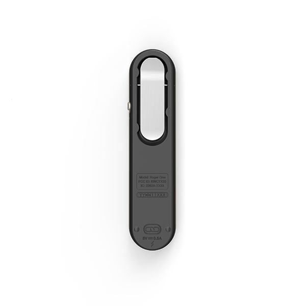 Black of wirless Phonak Roger  On v3 microphone with a silver clip and pairing button, on a white background