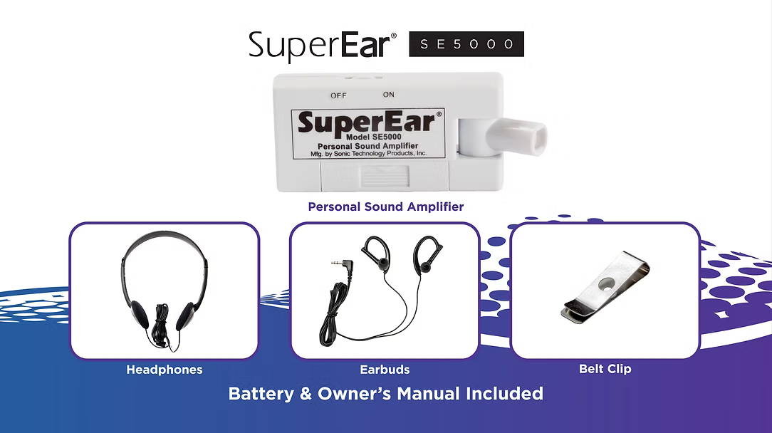 The parts of the SuperEar® Model SE5000 Compact Personal Sound Amplifier by Sonic Technology Personal Amplifier are displayed on a purple and white background. 