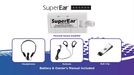 The parts of the SuperEar® Model SE5000 Compact Personal Sound Amplifier by Sonic Technology Personal Amplifier are displayed on a purple and white background. 