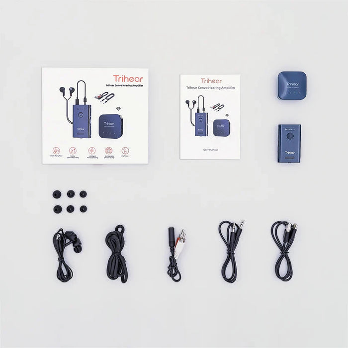 What is in the box with the Trihear Convo More Assistive Listening Device with Remote Microphone Personal Amplifier, laid out on a light grey background. 