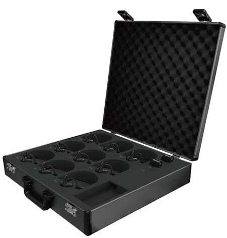 TriHear LiberMore Hearing Amplifier system comes with a black foam lined protective case, shown on a white background. 