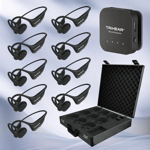 TriHear LiberMore Hearing Amplifier System with Remote Microphone multi user system.  Nine headsets and one remote microphone in a protective case. 