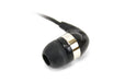Black earbud with silver accent on a white background