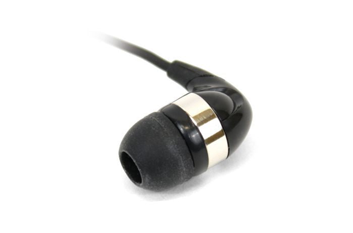 Black earbud with silver accent on a white background