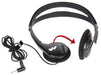 Black headphones with a red arrow indicating a folding feature, on a white background