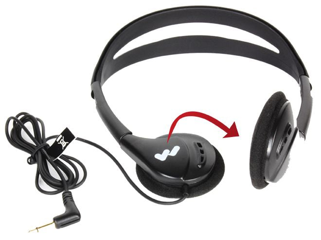 Black headphones with a red arrow indicating a folding feature, on a white background