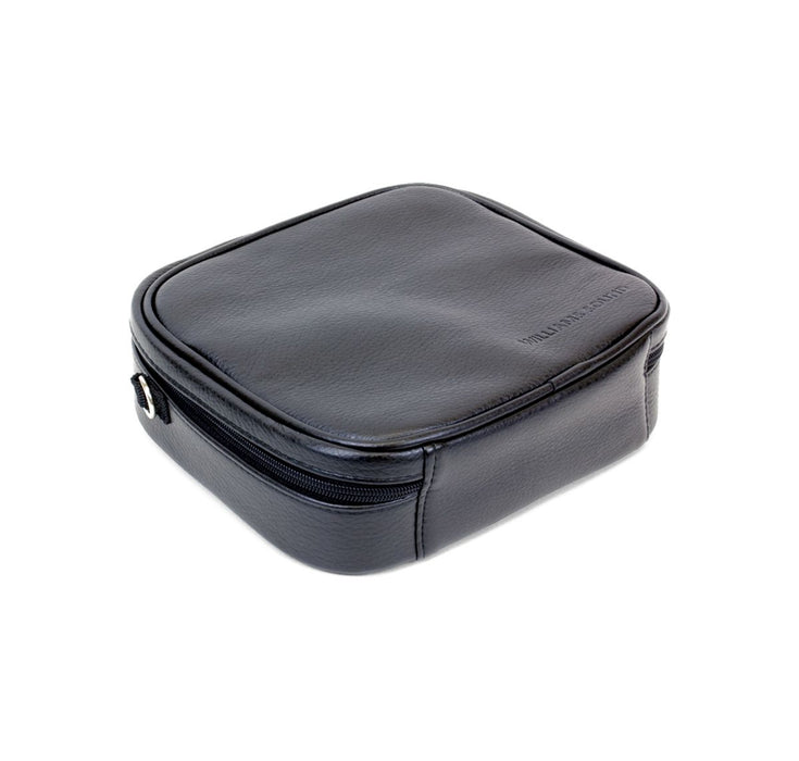 Black travel case with a brand logo on a white background