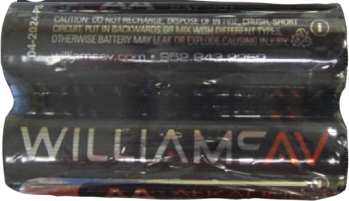 Two Williams AV batteries with warning labels on a black background