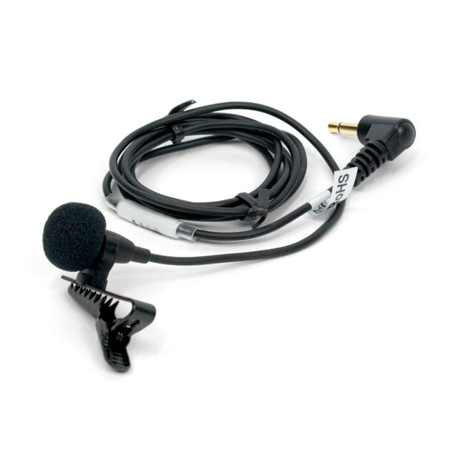 Lavalier clip on microphone with cable on a white background