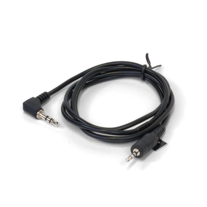 Black audio cable with two connectors on a white background