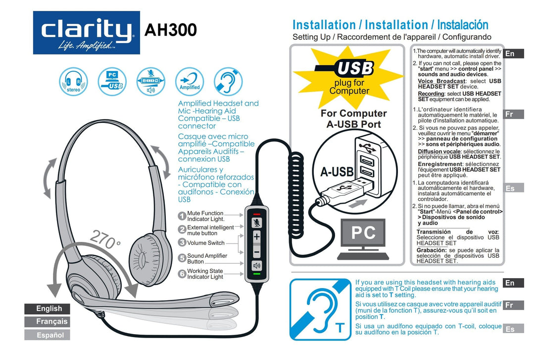 Instructions for the Clarity AH300 Amplified USB Headset with USB connector.  If you are using this headset with hearing aids equipped with T Coil please ensure that your hearing aid is set to T setting. 