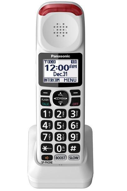 The white Panasonic KX-TGM470W Amplified Cordless Telephone Extra Handset with charging base.  This is a closeup.  This item must be purchased seperately. 