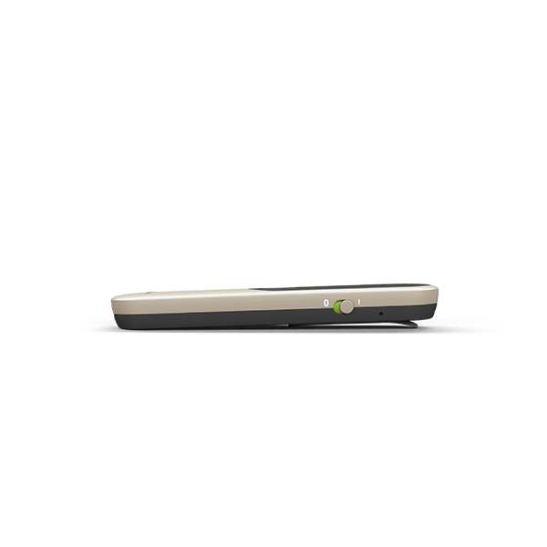 A side view of the Phonak Roger On V3 Microphone 056-3032-P5011 showing the on/off switch. Green means the device is turned on. 