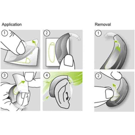 A drawing of the Phonak Stick 'n' Stay Hearing Aid Stickers and how to remove the stickers from the backing paper and apply them to the hearing aid and skin behind the ear. 