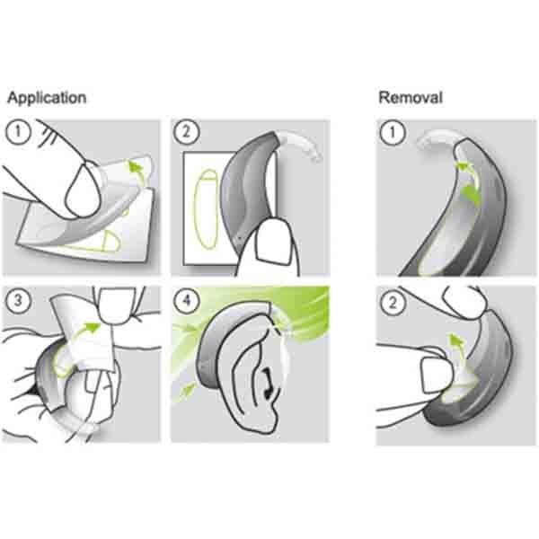 Phonak Stick 'n' Stay Hearing Aid Stickers (30 pair) 098-0353 Phonak See how to remove the stickers from the backing paper and apply it to the hearing aid and skin behind the ear. 